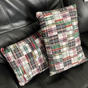 Hand stitched set of 2 navy/green/maroon patchwork throw pillows, NWOT